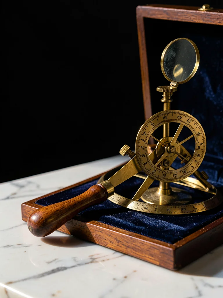 Brass Sextant on Navy Velvet Three-Quarter View