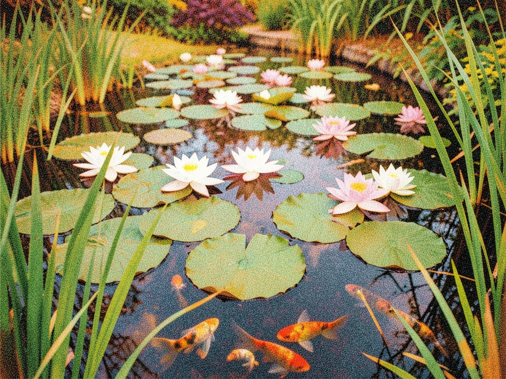 A garden pond with white and pink water lilies, a few goldfish visible below the