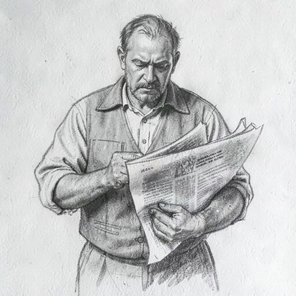 Loose charcoal sketch of a vendor folding a thick broadsheet across his arm, mot
