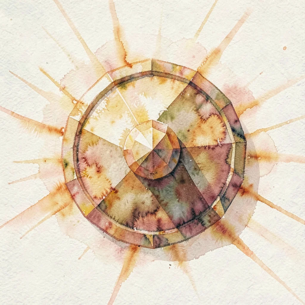 Amber lowpoly round shield with a faceted boss at center and warm orange caustic