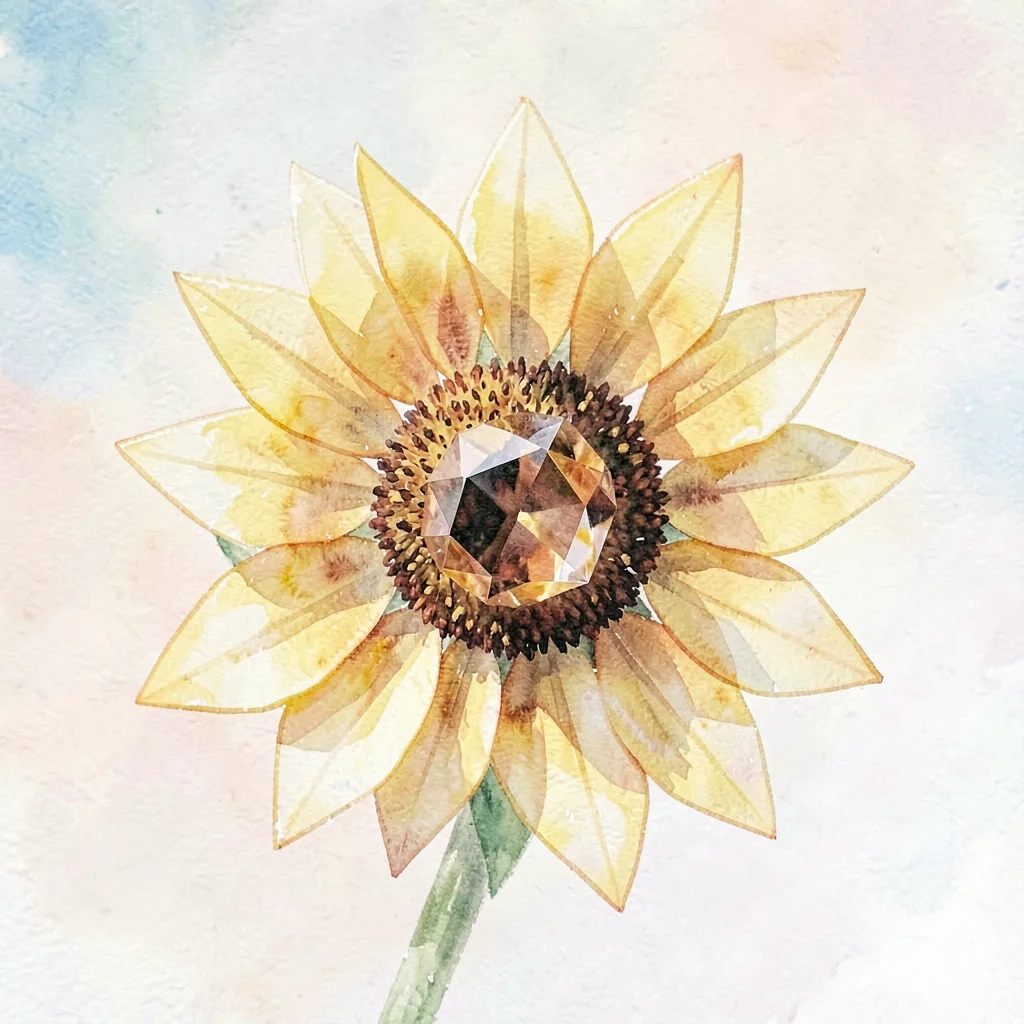 A faceted citrine lowpoly sunflower with thick yellow petals and a darker amber 