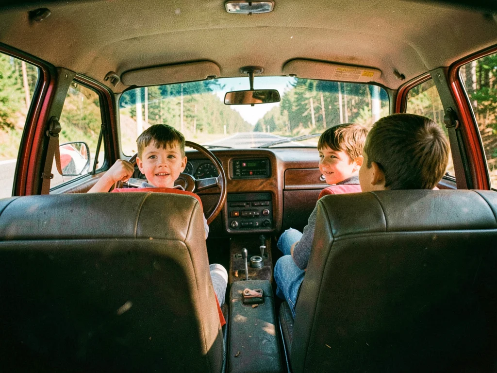 Station wagon rear facing seats, kids looking out back window, road trip nostalg