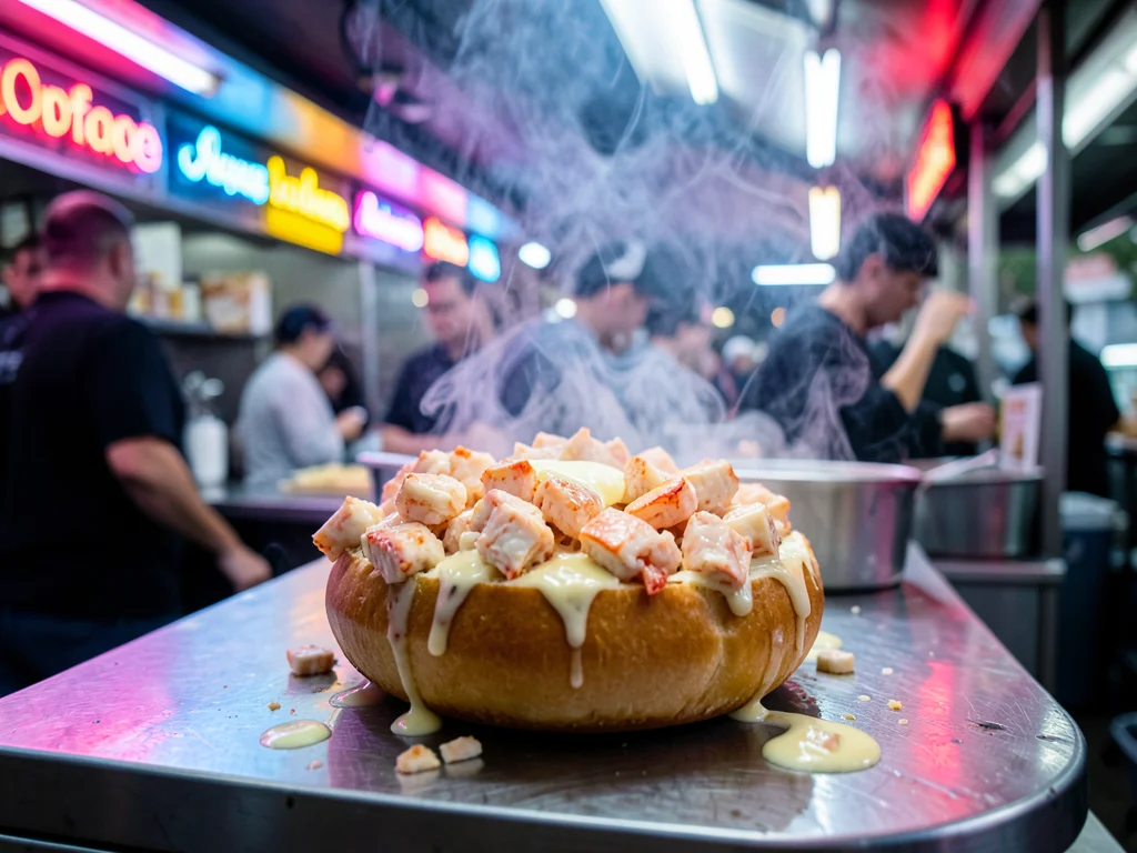 A lobster roll cart in Maine, the split-top bun overflowing with chunks of lobst