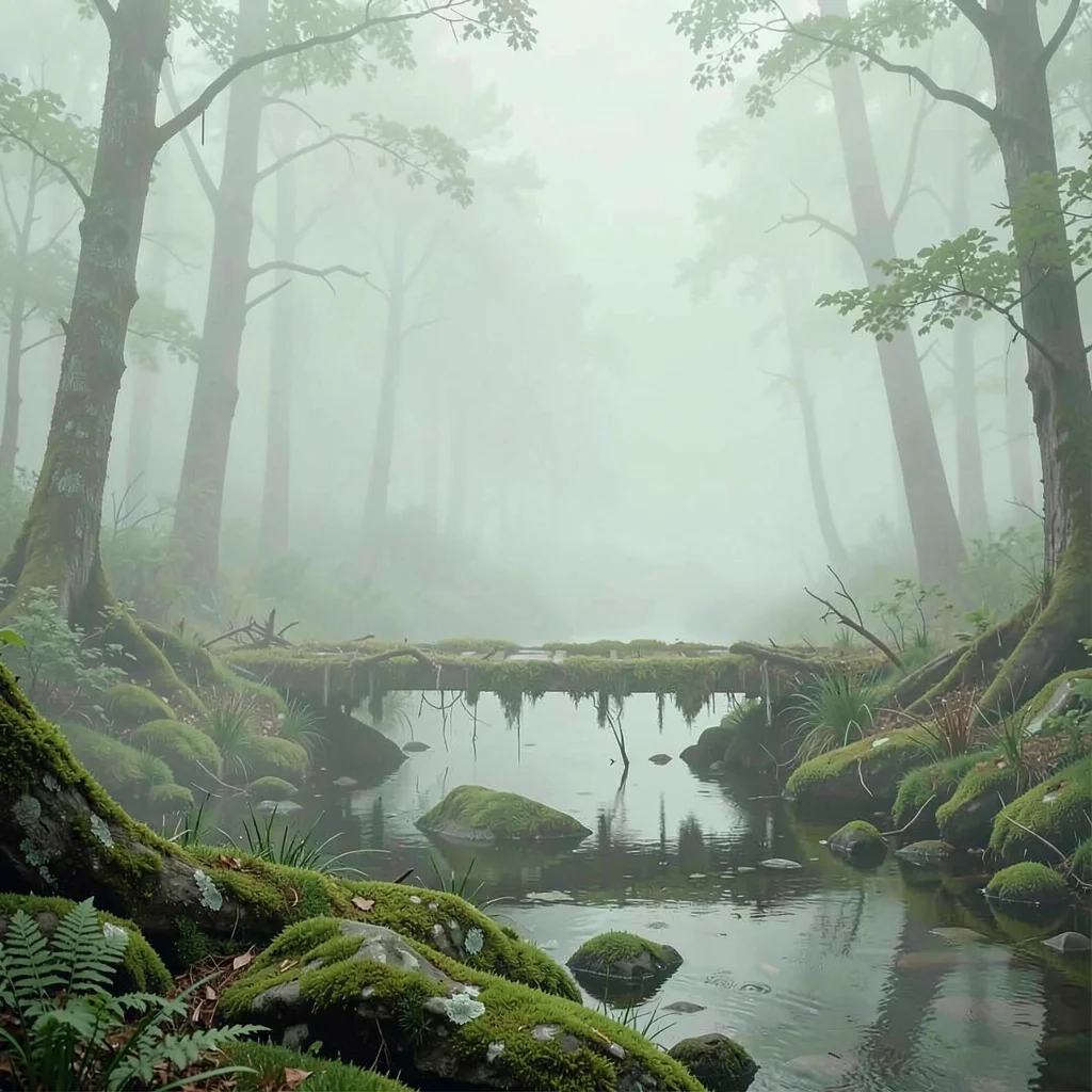 Lichened plank bridge over a forest brook, mossy banks foregrounded, the woods b