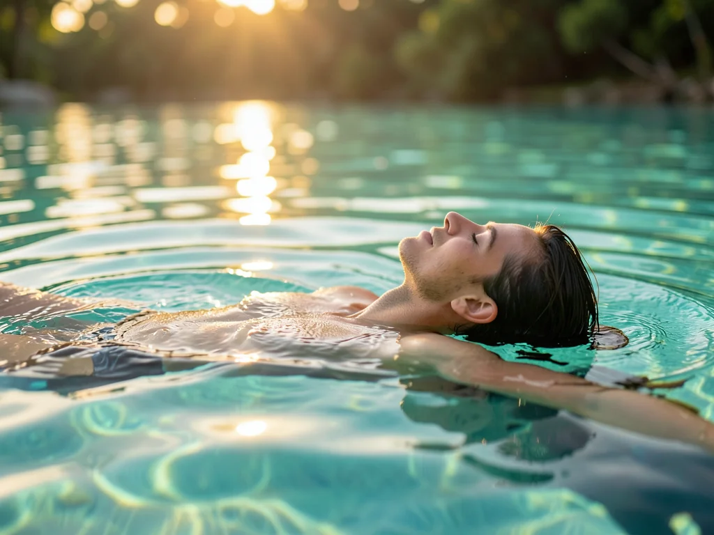 Person floating on back in clear turquoise water, eyes closed, peaceful