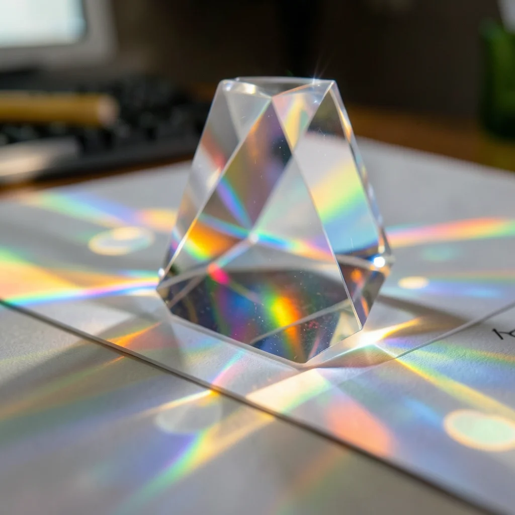Light refracting through glass paperweight on teacher's desk, spectral colors on