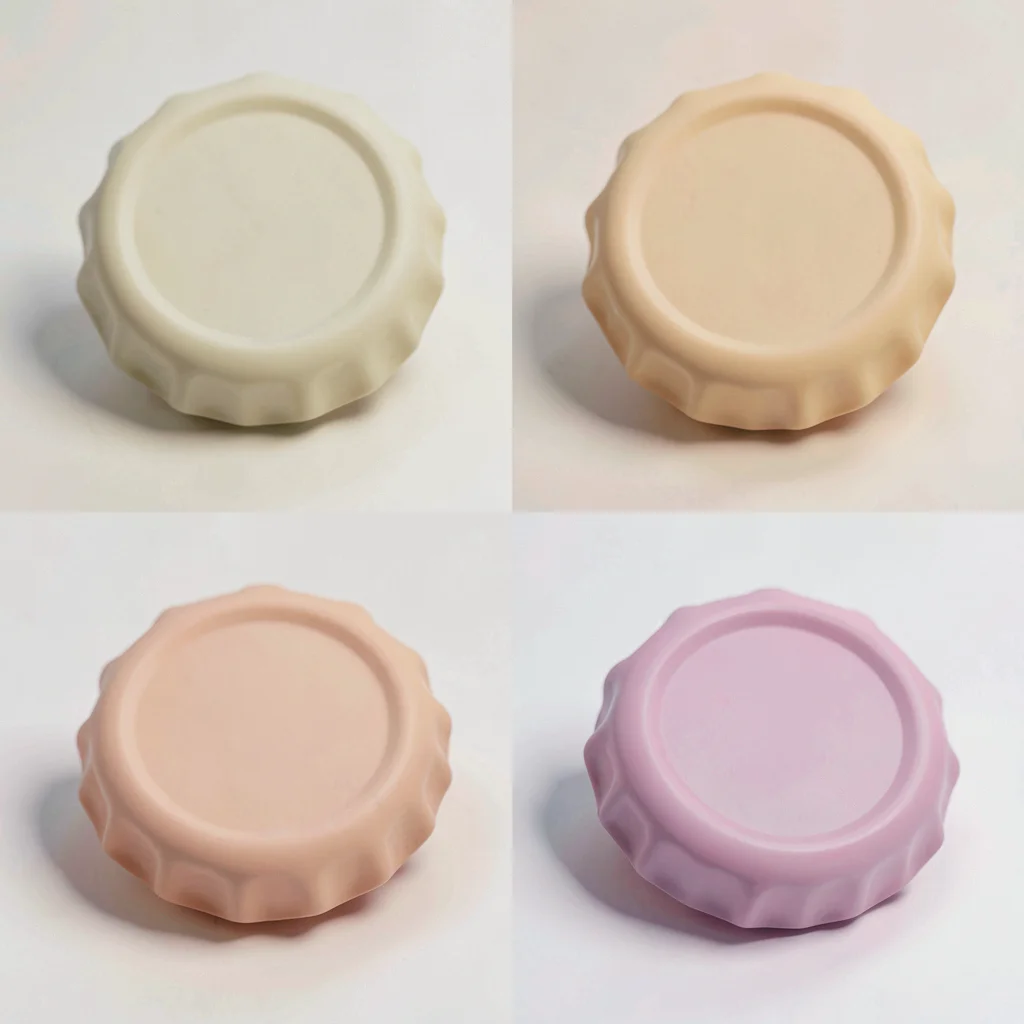 A 2x4 grid of abstract bottle-cap mockups in soft warm tones, caps slightly tilt