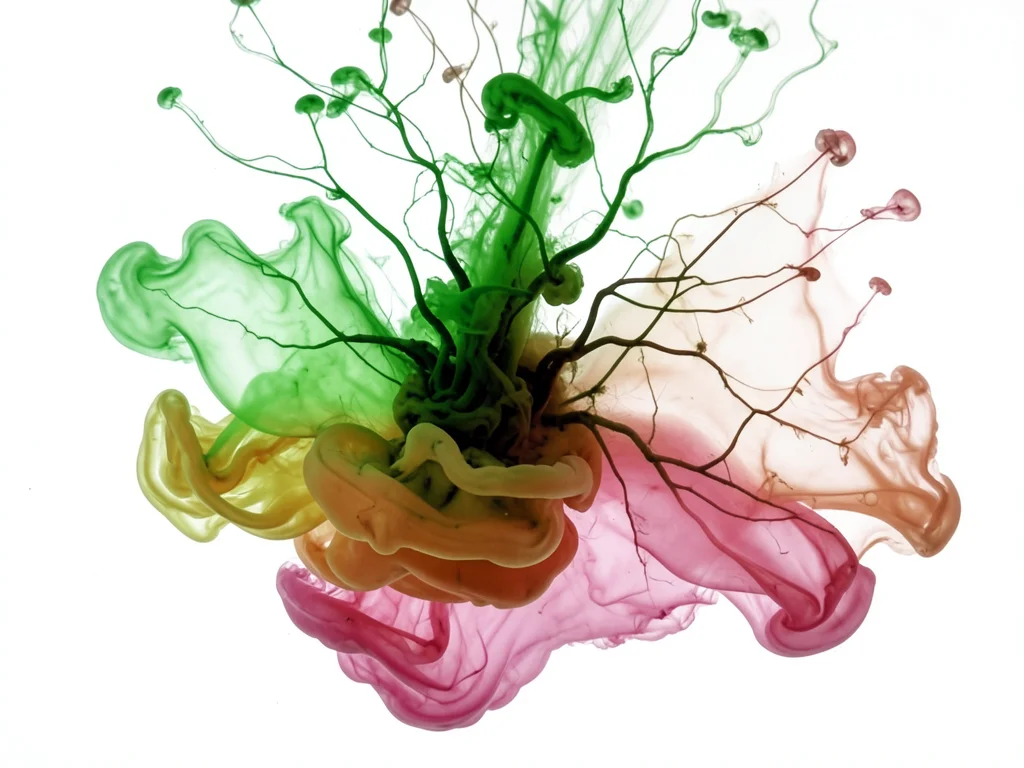 Layered ink washes in spring palette, translucent green over warm pink
