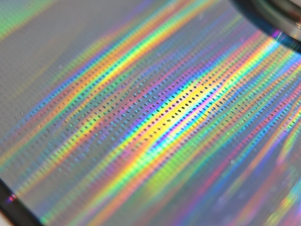 CD-ROM data surface at glancing angle, diffraction rainbow from the spiral track