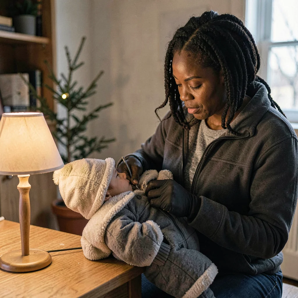 A determined Black mother in her thirties zipping a baby into a snowsuit, lamp o