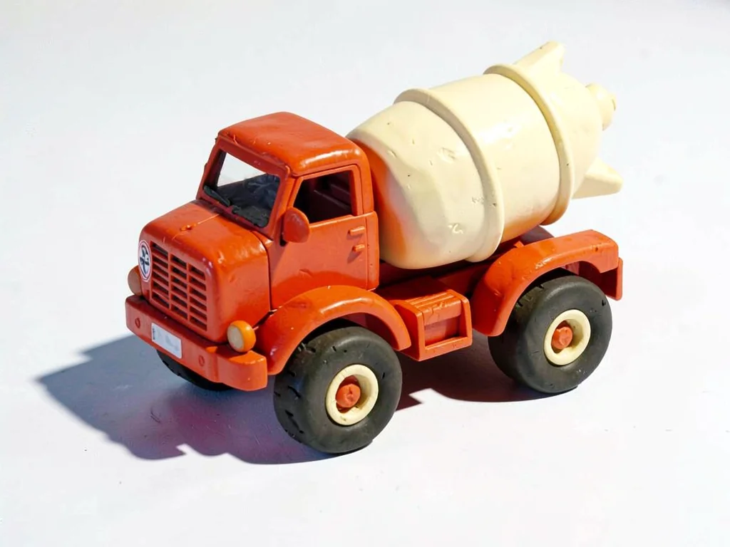 Imposing chunky clay cement mixer truck in cherry red with stubby cream-toned dr