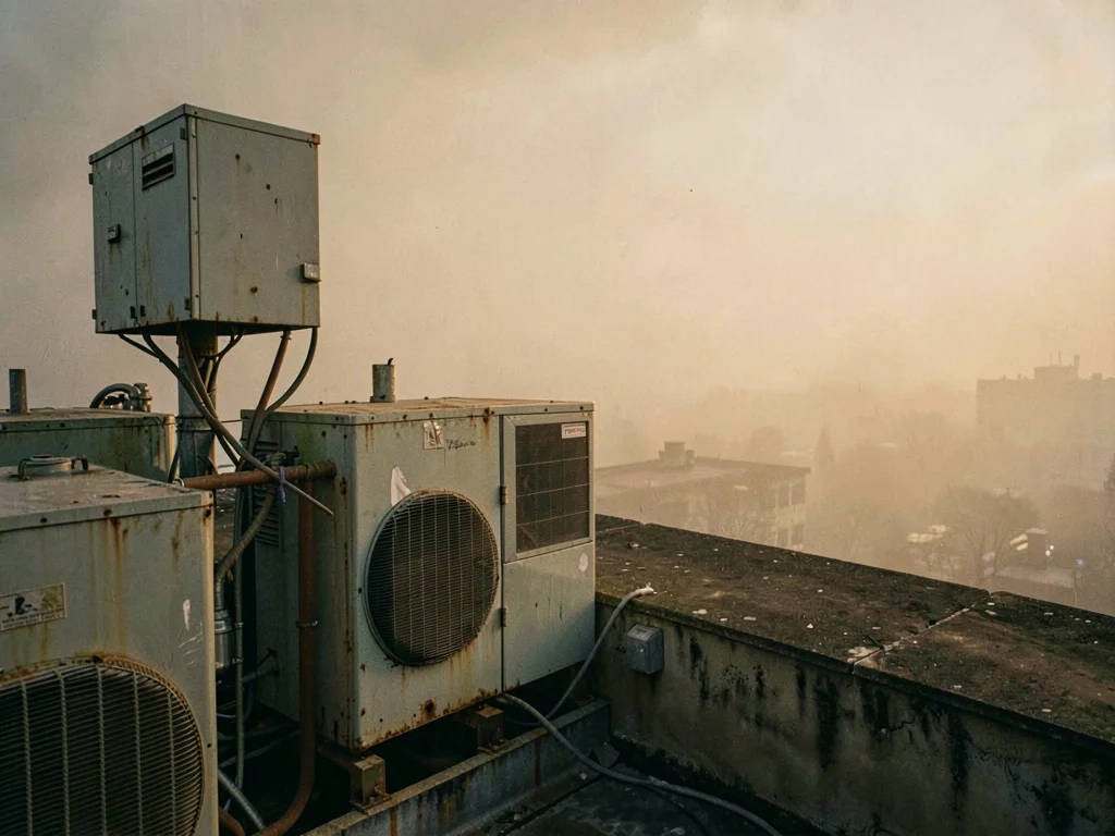 Weathered HVAC compressors hum in the foreground while parapet edges fade into a