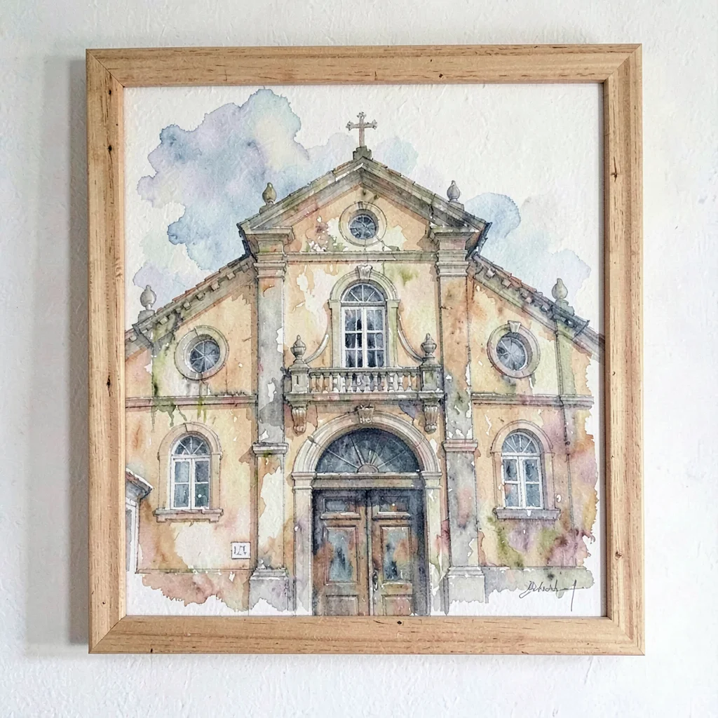 watercolor study of an old town hall sign on a hand-painted board