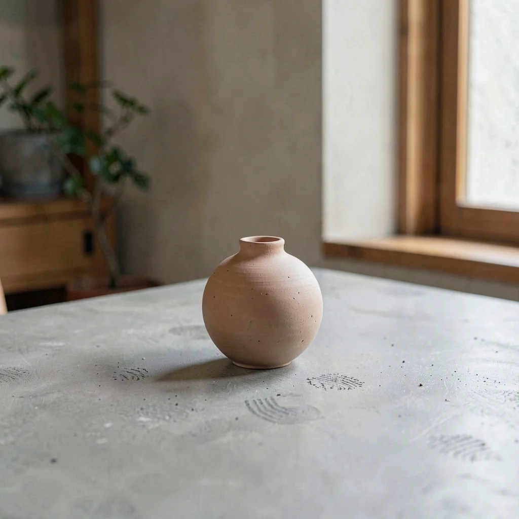 One small hand-thrown clay sphere unglazed and pale terracotta sitting central o