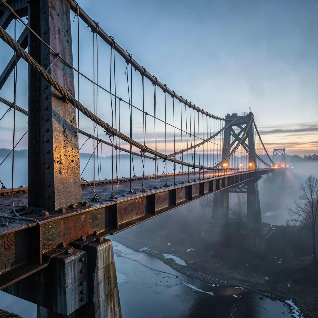 Through Sheffield steel vision, forged metal consciousness, Steel cable bridge a
