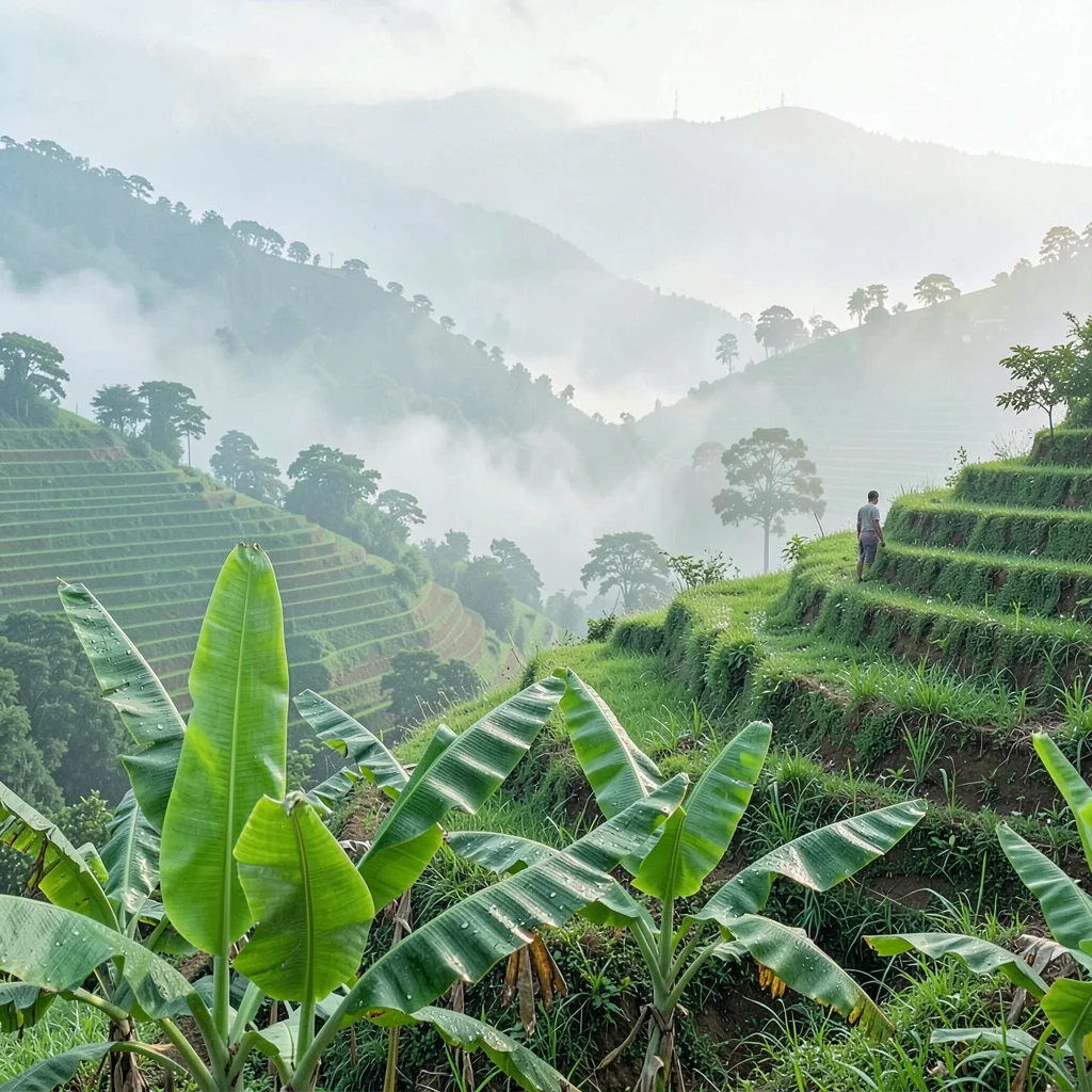 Emerald green hills through morning mist in Kigali, Rwanda, Single farmer figure