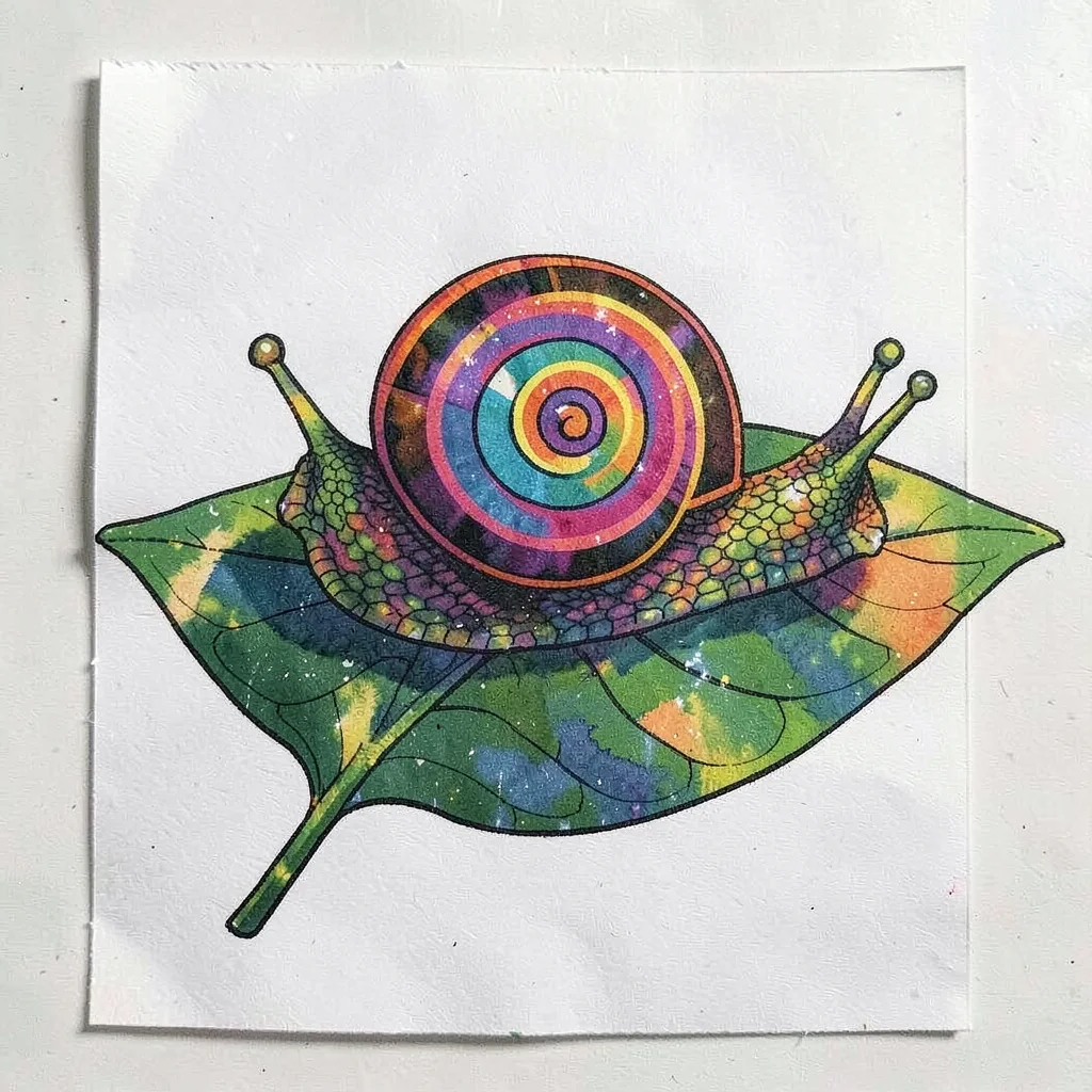 A garden snail on a broad flat leaf, spiral shell rendered as concentric color r
