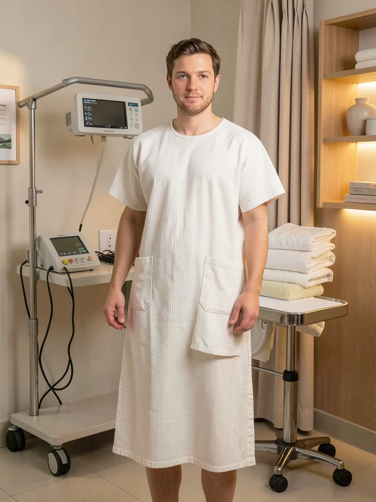 Hospital gown redesigned in soft waffle cotton, natural dyes, patient comfort re