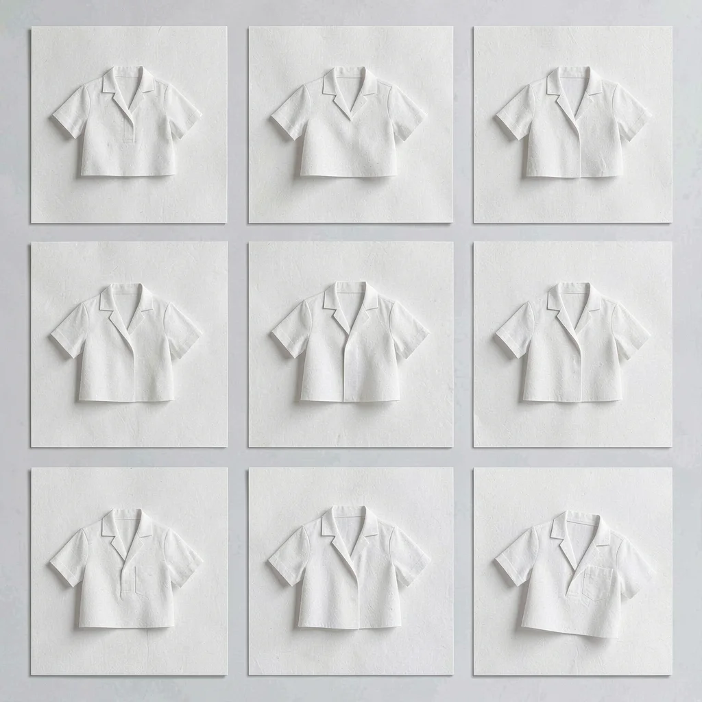 Tidy 4x3 look grid of twelve abstract garment tiles, each carrying a different f