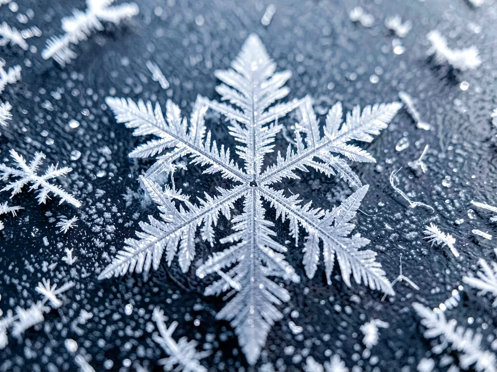 Single dendritic frost crystal showing hexagonal branching symmetry