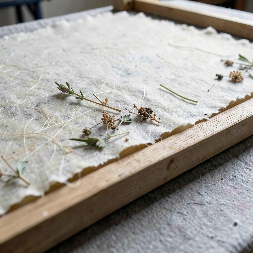 Close-up of a finished washi-style sheet — long kozo fibres visible as a translu
