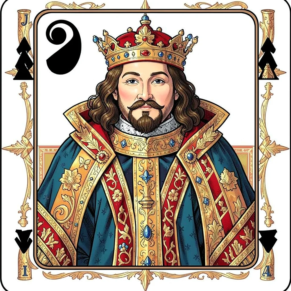 Playing card face illustration, King as chess piece hybrid, crown and robes , co