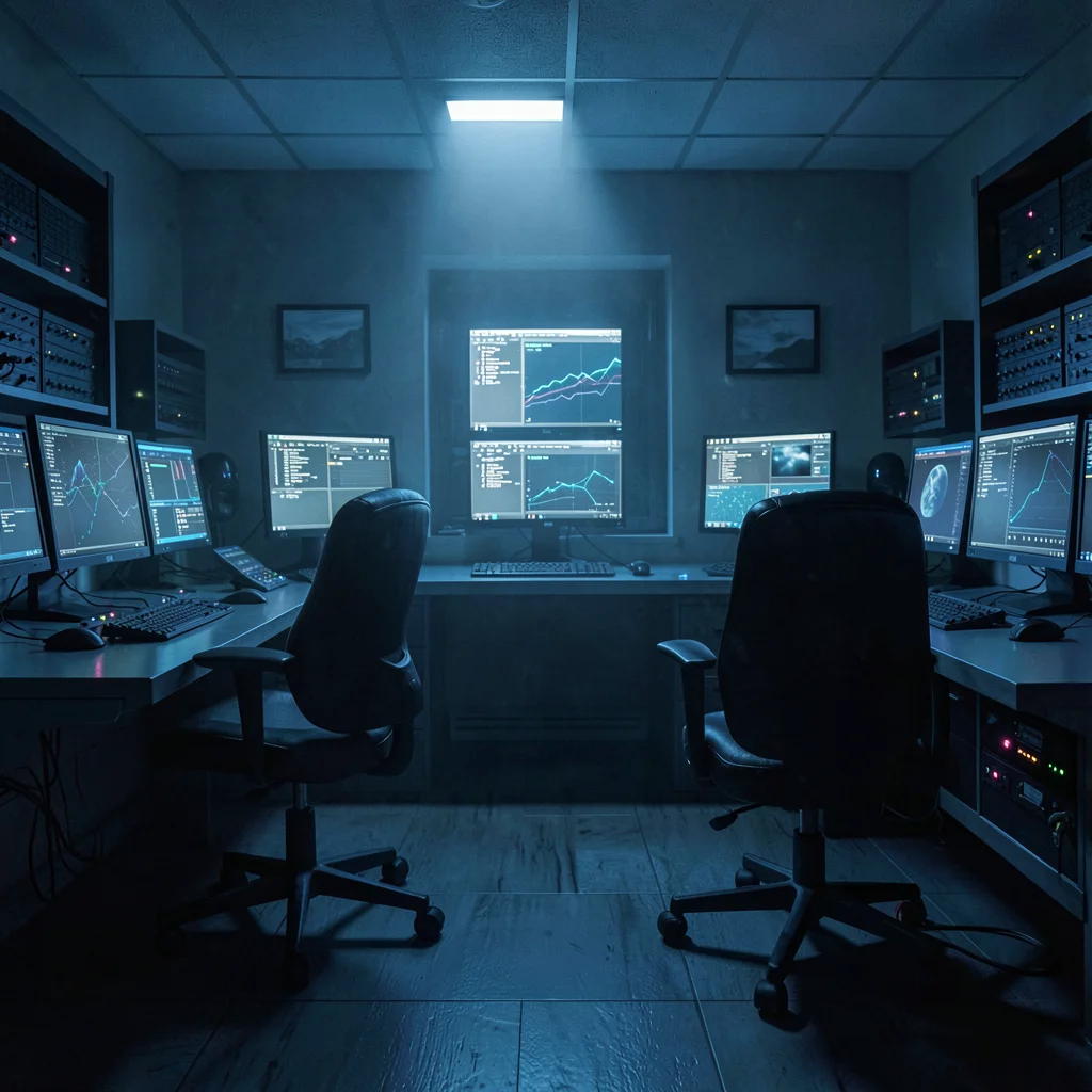 Nocturnal photograph of a control room with monitors casting cool blue glow on e