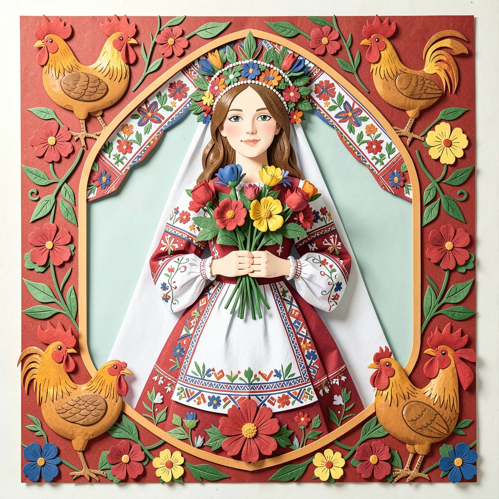 Polish wycinanki paper cut illustration, a bride holding flowers with decorative