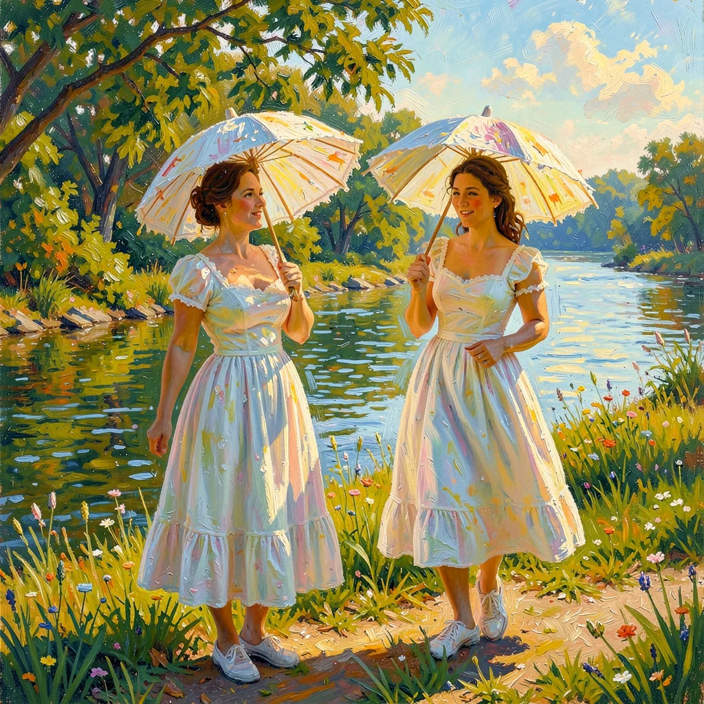 Two women with parasols on a riverbank, afternoon light catching their white dre