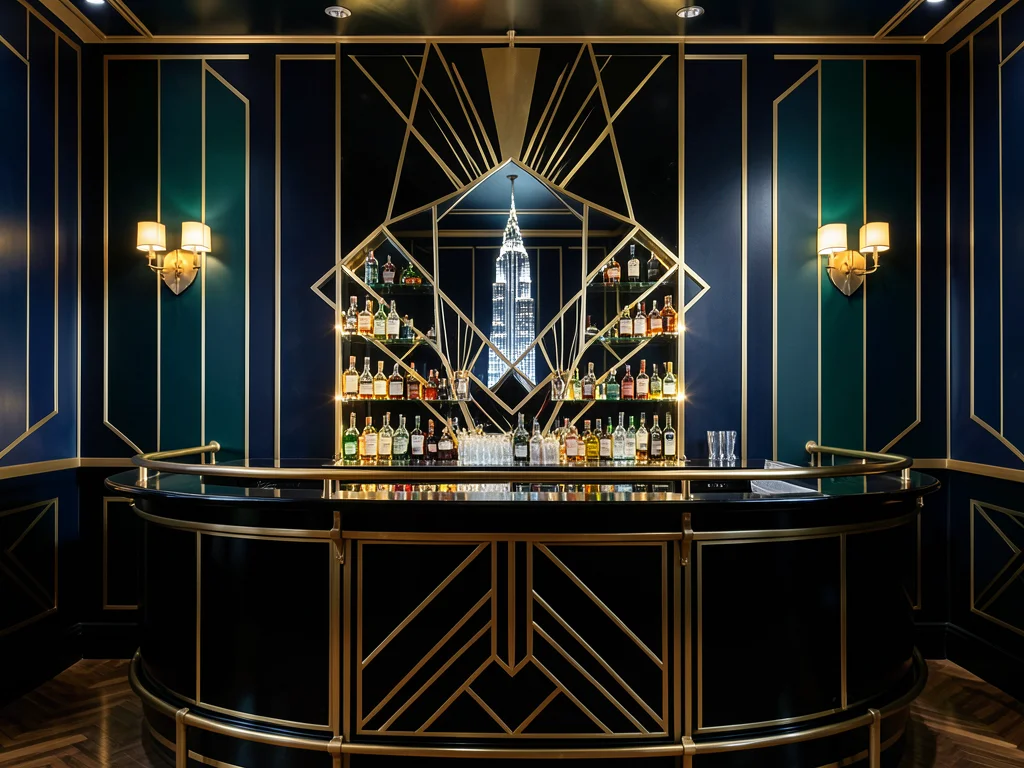A cocktail bar in the Deco style: curved black lacquer counter, brass rail, back