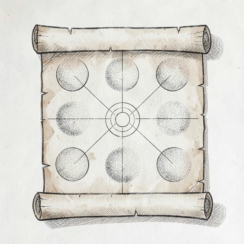 Field-placement diagram as a parchment scroll with stippled fielding circles and