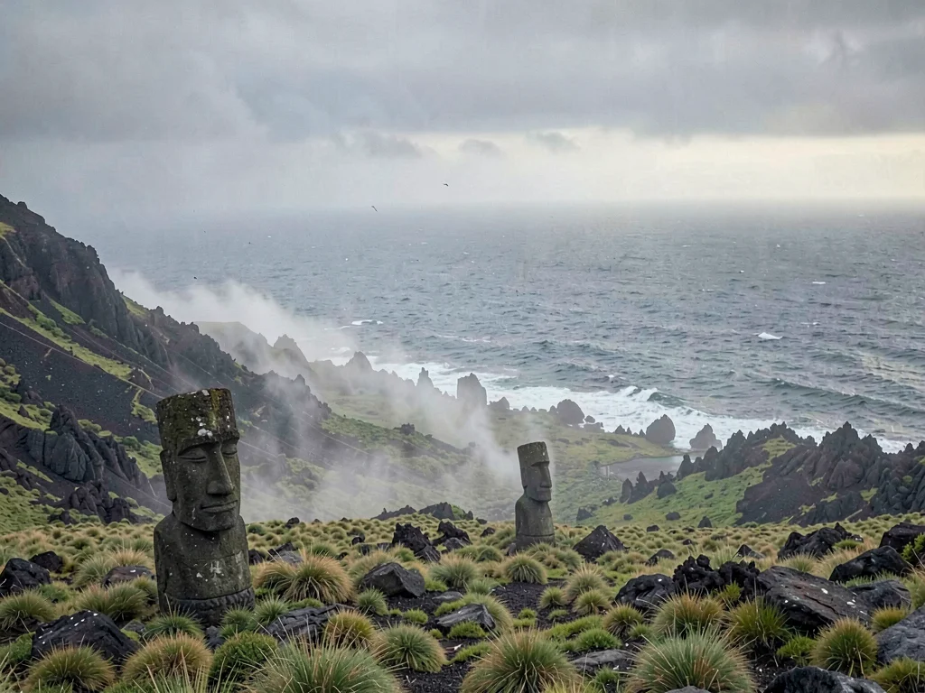Edge-of-world isolation on Rapa Nui, Morning mist rising from volcanic grassland
