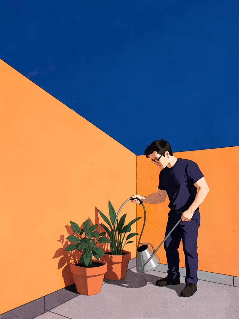 Person watering plants on a balcony, flat orange wall and deep blue sky