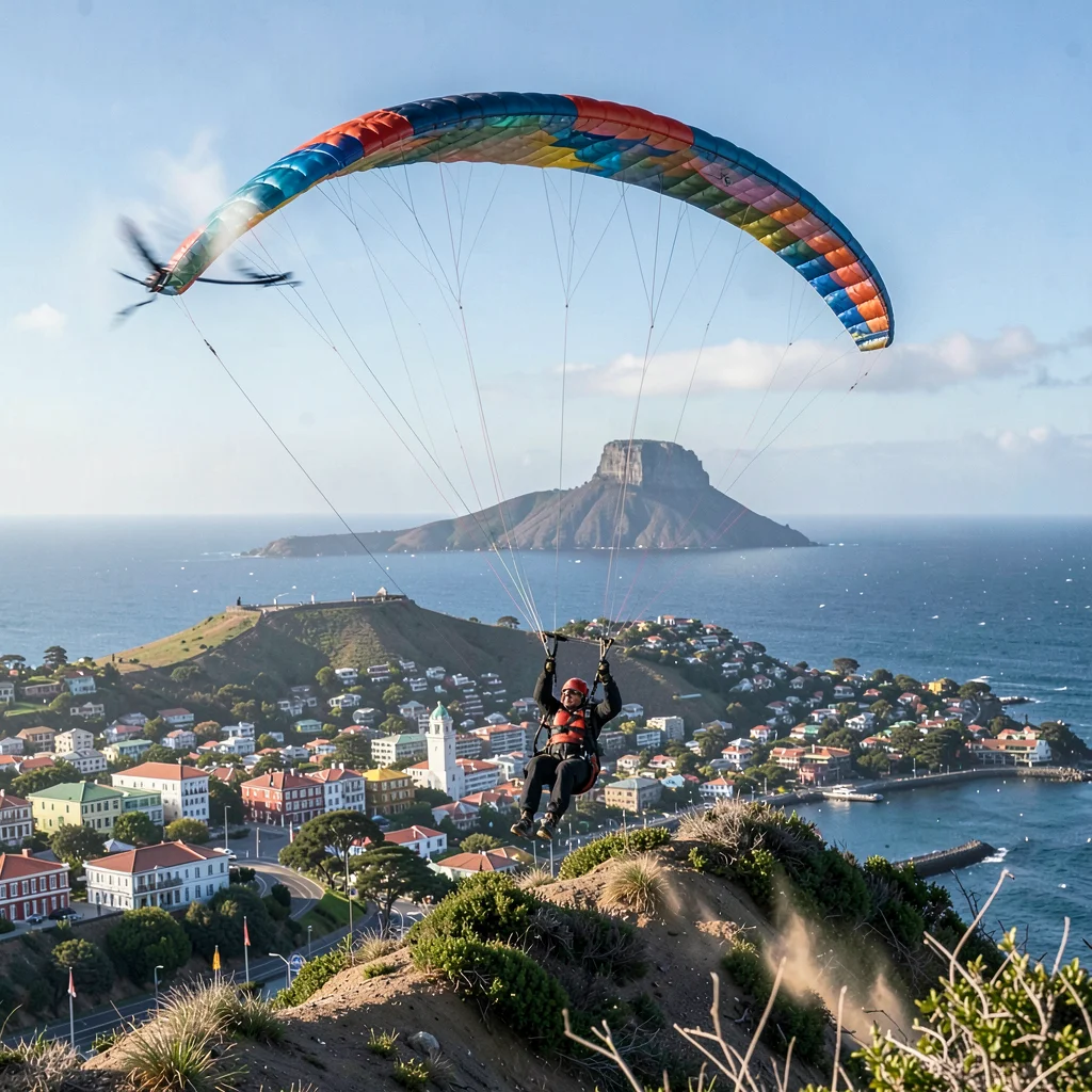 Cape Town southeaster wind shaping the scene, Signal Hill paragliders caught in 