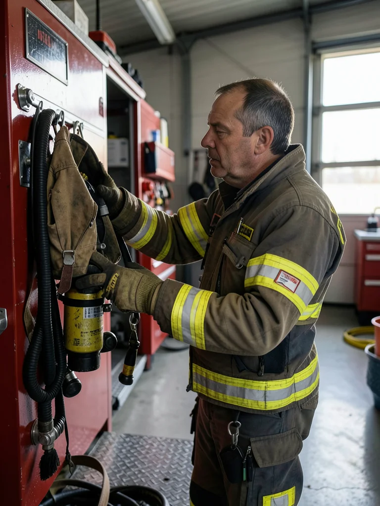 Firefighter by engine checking air pack — quiet preparation moment, gear hanging