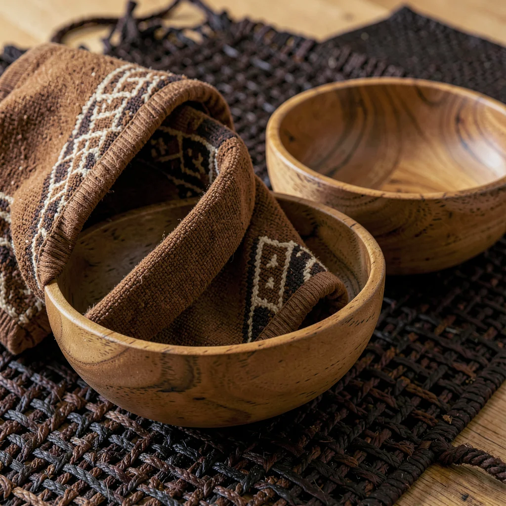 Warm tapa cloth browns and geometric pattern rhythm, Wooden bowls nested togethe