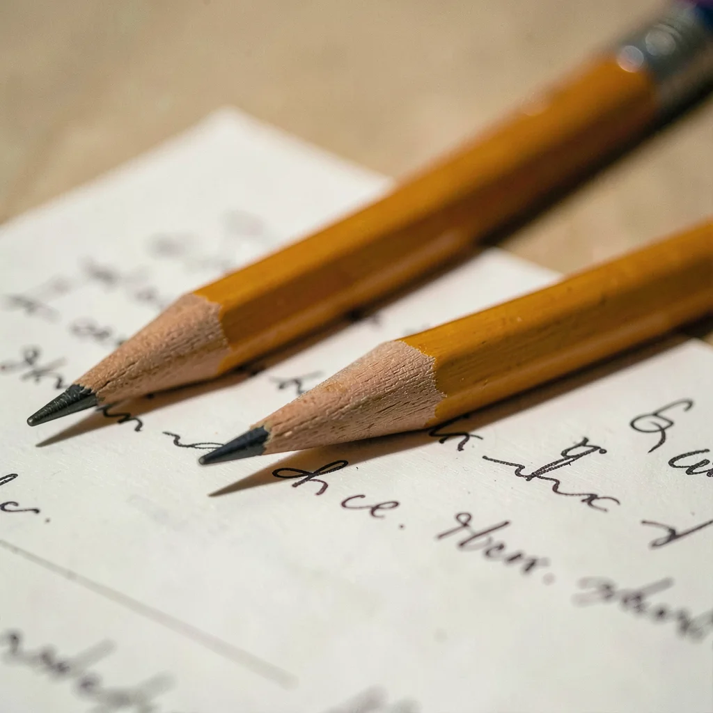 Macro of three sharpened pencils and a single page of handwritten notes