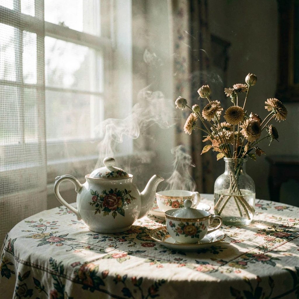 Humid atmospheric scene, Central European grandeur, Porcelain tea set on embroid
