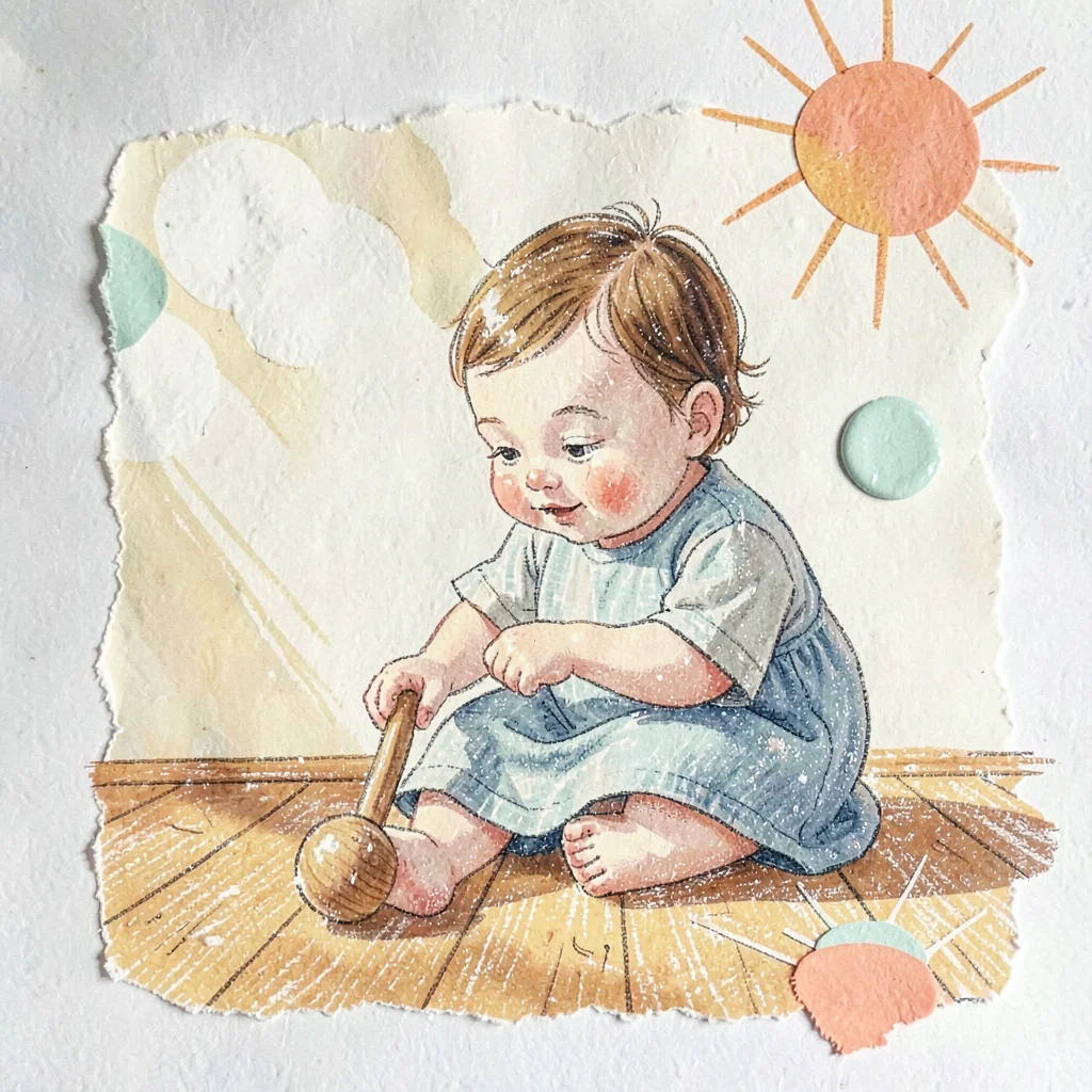 Toddler in a linen smock playing with a wooden rattle on a sunlit oak floor, pap