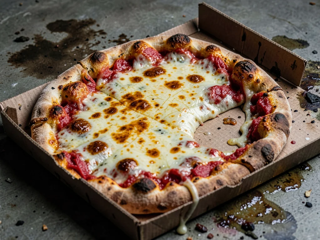 Greasy pizza box with congealed cheese photographed lovingly
