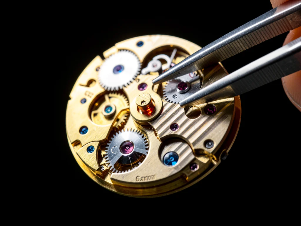 Movement in Watchmaker Tweezers Showing Scale