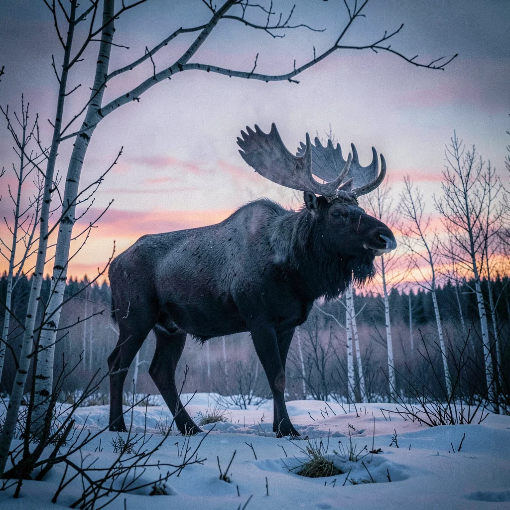 Photograph with Alaskan Arctic sensibility, Moose standing in willows at dawn, t
