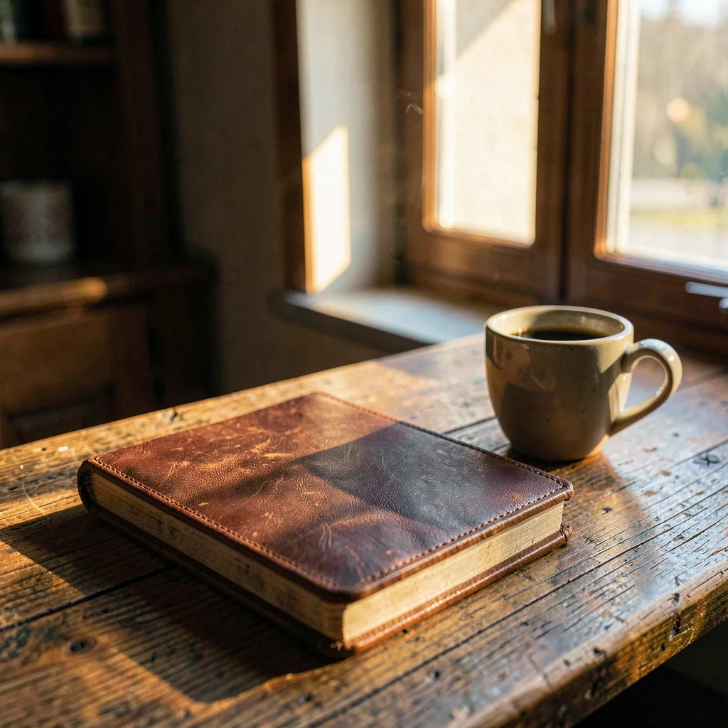 Atmospheric tabletop with a leather-bound notebook and a half-full espresso cup 