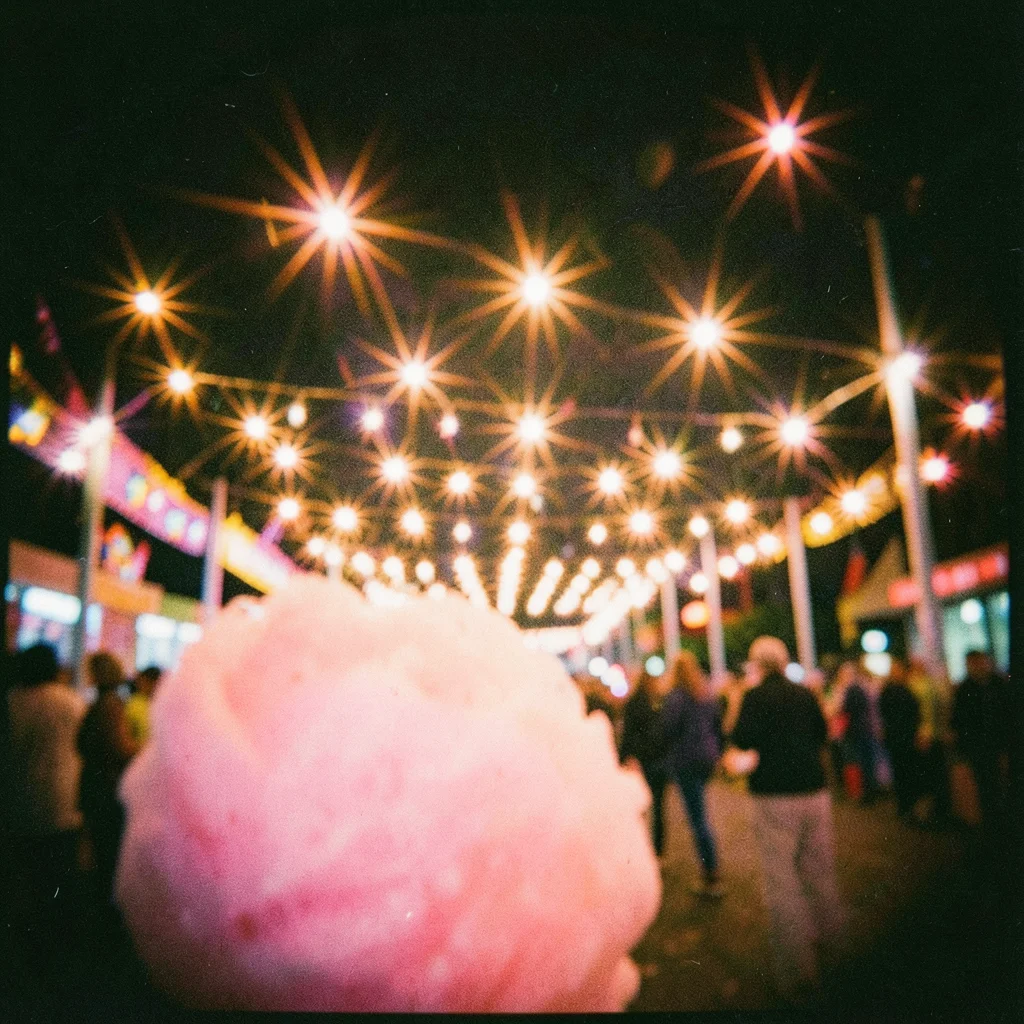 Carnival lights at night, every bulb a soft starburst, cotton candy pink in the 