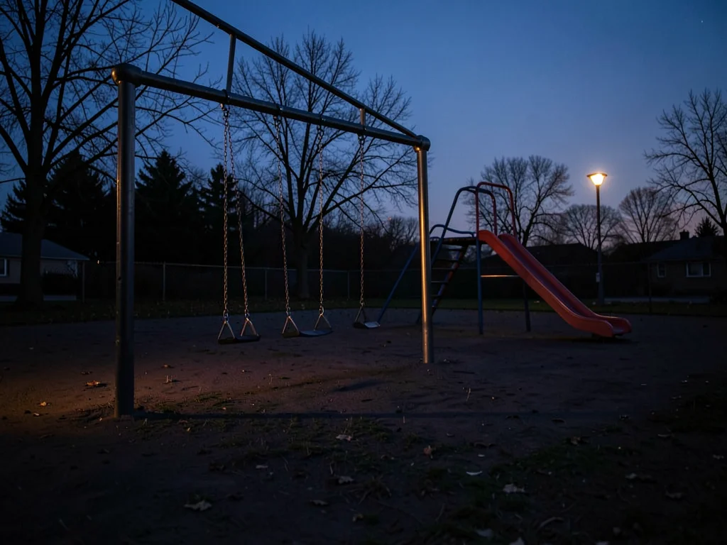 Empty playground at 5:47pm, swings still moving slightly, last golden light fadi