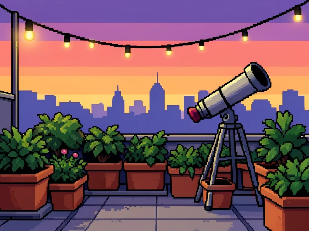 A pixel art rooftop garden at sunset: planters, string lights, a telescope, city