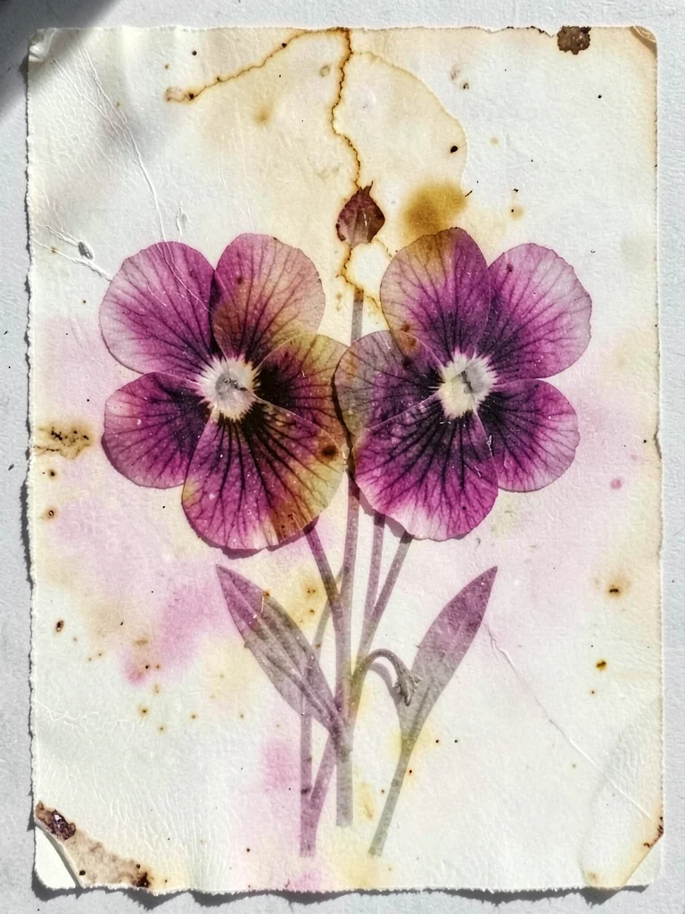 Pressed pansy flowers face down, pigments bleeding into paper chemistry, unrepea
