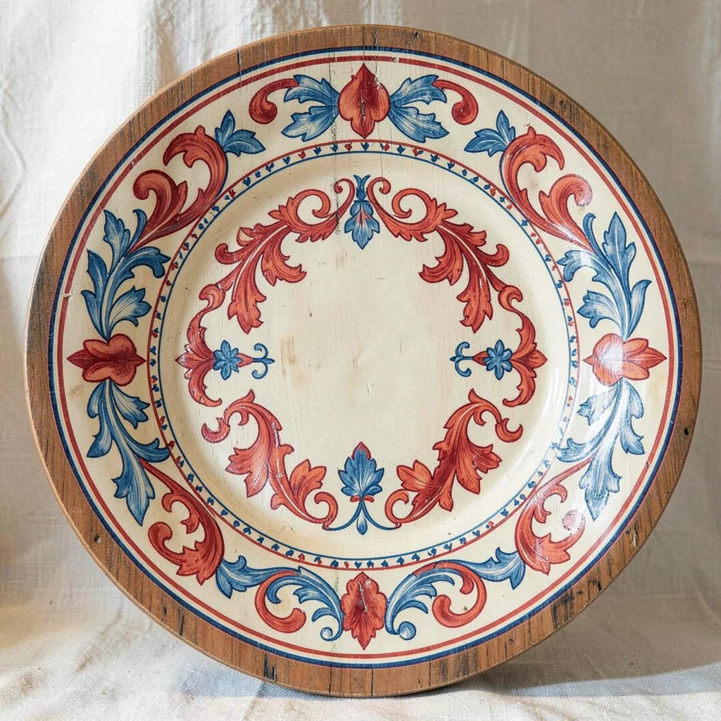 Scandinavian rosemaling illustration, a painted wooden plate with traditional bo