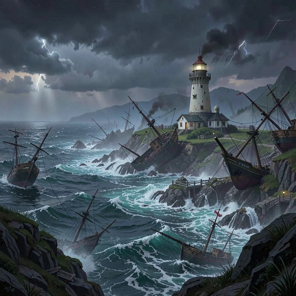 Fantasy environment illustration, a storm-wracked coastline with lighthouse and 