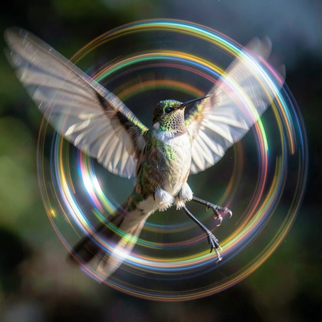 Hummingbird wings reduced to circular blur halos around frozen body